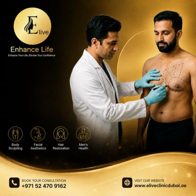 Gynecomastia surgery before and after results at Elive Clinic Dubai