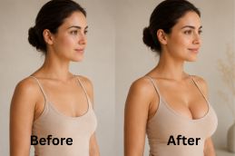 Breast implant in Dubai before and after results — silicone implant patient at Elive Clinic Dubai