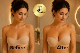 Round breast implant before and after front view — breast surgery Dubai at Elive Clinic
