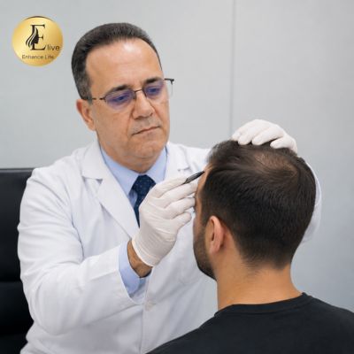 A Doctor is checking a patient for hair transplant at elive clinic dubai