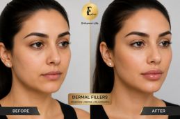 Before and after dermal filler results for facial volume at Elive Clinic Dubai
